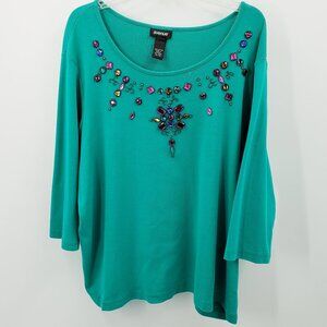Avenue Bejeweled Top Women's 26 / 28  Green Multicolor Gems 3/4 Sleeve Stretch